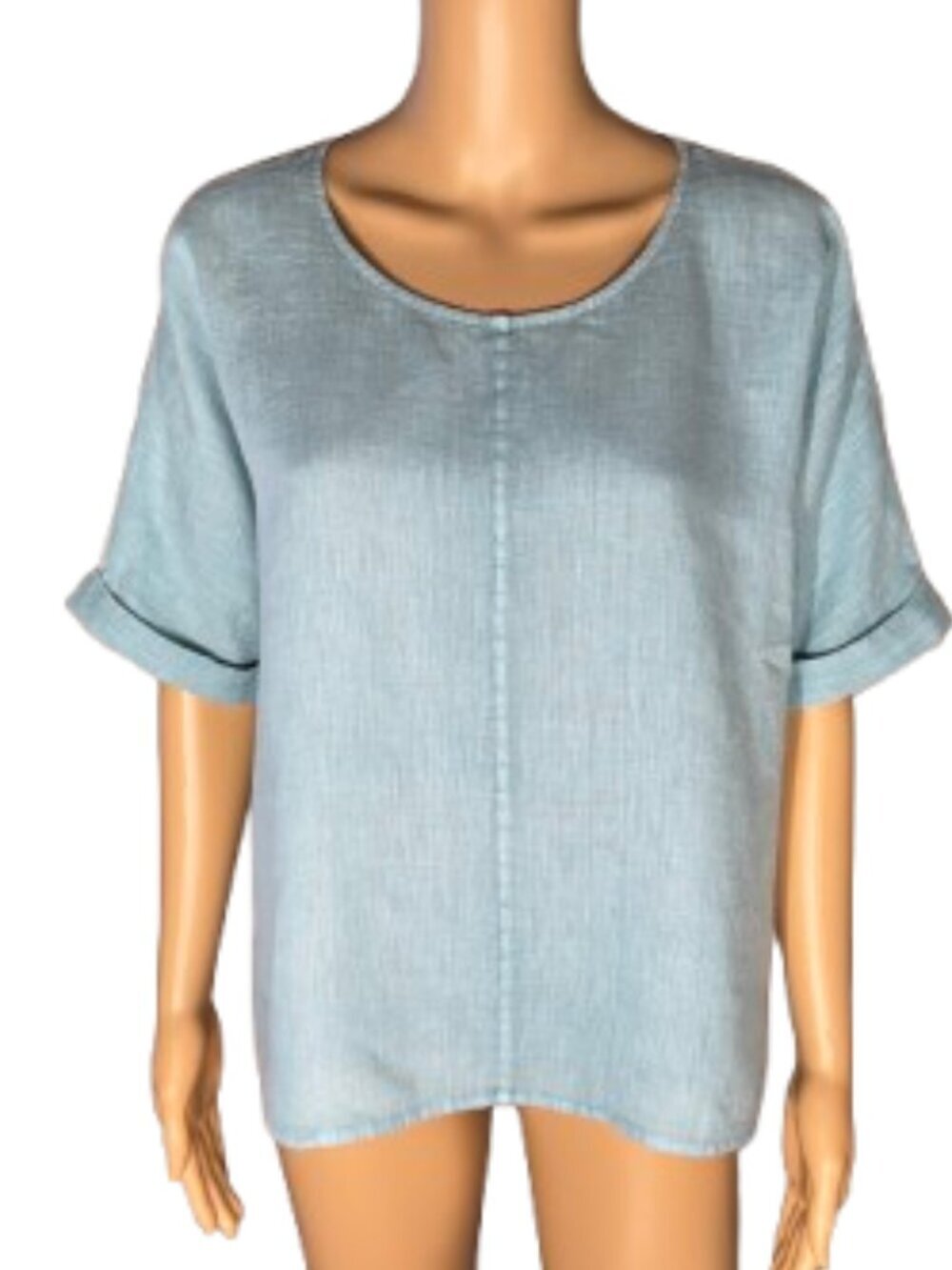Pure Jill Green Linen Rolled Cuffed Short Sleeve Crewneck Women's Top SMPetite